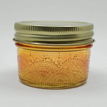 Load image into Gallery viewer, Hand Stained - Hand Painted wide mouth glass jar - yellow fading to orange (ombre) with intricate gold (henna style) designs. Boho