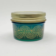 Load image into Gallery viewer, Hand Stained - Hand Painted wide mouth glass jar - blue fading to green (ombre) with intricate gold (henna style) designs. Boho