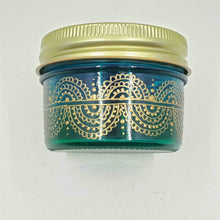 Load image into Gallery viewer, Hand Stained - Hand Painted wide mouth glass jar - blue fading to green (ombre) with intricate gold (henna style) designs. Boho