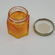 Load image into Gallery viewer, Hand Stained-Painted glass jar- orange fading to yellow with intricate gold henna style designs in gold