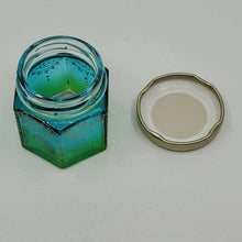 Load image into Gallery viewer, Hand Stained-Painted glass jar- green fading to blue with intricate gold henna style designs in gold