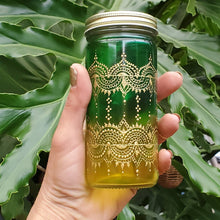 Load image into Gallery viewer, Hand Stained-Painted glass jar-yellow fading to green (Ombre) with intricate gold 'henna style' designs.