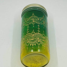 Load image into Gallery viewer, Hand Stained-Painted glass jar-yellow fading to green (Ombre) with intricate gold 'henna style' designs.