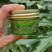 Load image into Gallery viewer, Hand Stained - Hand Painted wide mouth glass jar - yellow fading to green (ombre) with intricate gold (henna style) designs. Boho