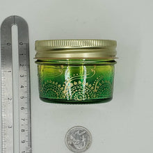 Load image into Gallery viewer, Hand Stained - Hand Painted wide mouth glass jar - yellow fading to green (ombre) with intricate gold (henna style) designs. Boho