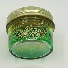 Load image into Gallery viewer, Hand Stained - Hand Painted wide mouth glass jar - yellow fading to green (ombre) with intricate gold (henna style) designs. Boho
