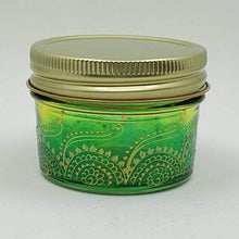 Load image into Gallery viewer, Hand Stained - Hand Painted wide mouth glass jar - yellow fading to green (ombre) with intricate gold (henna style) designs. Boho
