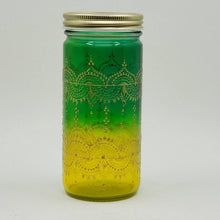 Load image into Gallery viewer, Hand Stained-Painted glass jar-yellow fading to green (Ombre) with intricate gold 'henna style' designs.