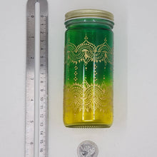 Load image into Gallery viewer, Hand Stained-Painted glass jar-yellow fading to green (Ombre) with intricate gold 'henna style' designs.