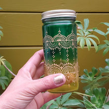 Load image into Gallery viewer, Hand Stained-Painted glass jar-yellow fading to green (Ombre) with intricate gold 'henna style' designs.
