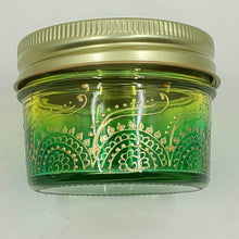 Load image into Gallery viewer, Hand Stained - Hand Painted wide mouth glass jar - yellow fading to green (ombre) with intricate gold (henna style) designs. Boho
