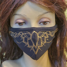 Load image into Gallery viewer, Hand painted face mask - henna inspired lotus design. 100% cotton - Washable, breathable, and Foldable. Made in the USA