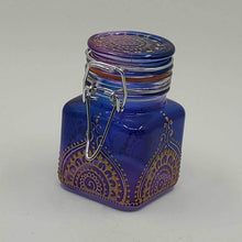 Load image into Gallery viewer, Hand Stained-Painted glass jar - blue fading to purple (ombre) with intricate gold (henna style) designs.
