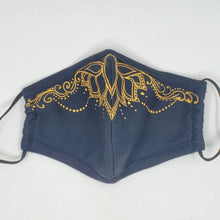 Load image into Gallery viewer, Hand painted face mask - henna inspired lotus design. 100% cotton - Washable, breathable, and Foldable. Made in the USA