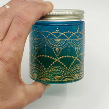Load image into Gallery viewer, Hand Stained - Hand Painted glass jar - green fading to blue (hombre) with intricate gold (henna style) designs.