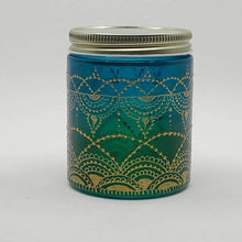 Load image into Gallery viewer, Hand Stained - Hand Painted glass jar - green fading to blue (hombre) with intricate gold (henna style) designs.