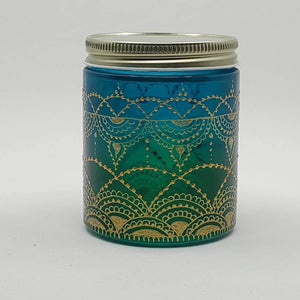 Hand Stained - Hand Painted glass jar - green fading to blue (hombre) with intricate gold (henna style) designs.