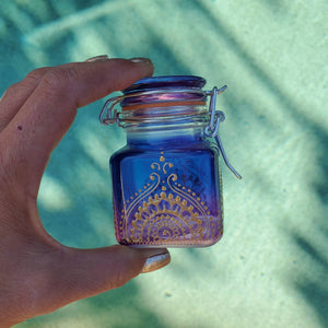 Hand Stained-Painted glass jar - blue fading to purple (ombre) with intricate gold (henna style) designs.