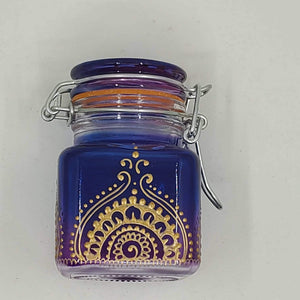 Hand Stained-Painted glass jar - blue fading to purple (ombre) with intricate gold (henna style) designs.