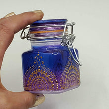 Load image into Gallery viewer, Hand Stained-Painted glass jar - blue fading to purple (ombre) with intricate gold (henna style) designs.
