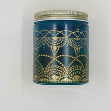 Load image into Gallery viewer, Hand Stained - Hand Painted glass jar - green fading to blue (hombre) with intricate gold (henna style) designs.
