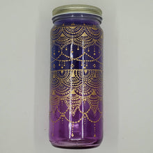 Load image into Gallery viewer, Hand Stained-Painted glass jar- purple fading to blue(ombre) with intricate gold henna style designs
