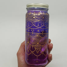 Load image into Gallery viewer, Hand Stained-Painted glass jar- purple fading to blue(ombre) with intricate gold henna style designs