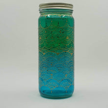 Load image into Gallery viewer, Hand Stained-Painted glass jar- green fading to blue(ombre) with intricate gold henna style designs