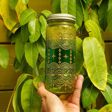 Load image into Gallery viewer, Hand Stained-Painted glass jar- green fading to yellow (ombre) with intricate gold henna style designs