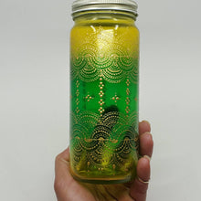 Load image into Gallery viewer, Hand Stained-Painted glass jar- green fading to yellow (ombre) with intricate gold henna style designs