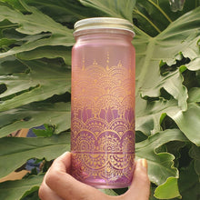 Load image into Gallery viewer, Hand Stained-Painted glass jar- purple fading to pink (ombre) with intricate gold henna style designs