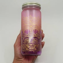 Load image into Gallery viewer, Hand Stained-Painted glass jar- purple fading to pink (ombre) with intricate gold henna style designs