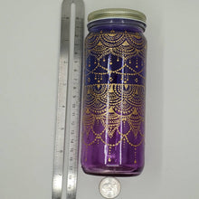 Load image into Gallery viewer, Hand Stained-Painted glass jar- purple fading to blue(ombre) with intricate gold henna style designs