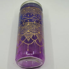 Load image into Gallery viewer, Hand Stained-Painted glass jar- purple fading to blue(ombre) with intricate gold henna style designs
