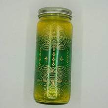 Load image into Gallery viewer, Hand Stained-Painted glass jar- green fading to yellow (ombre) with intricate gold henna style designs
