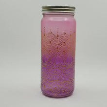 Load image into Gallery viewer, Hand Stained-Painted glass jar- purple fading to pink (ombre) with intricate gold henna style designs