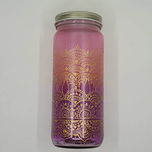 Load image into Gallery viewer, Hand Stained-Painted glass jar- purple fading to pink (ombre) with intricate gold henna style designs