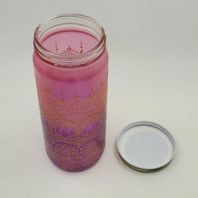 Load image into Gallery viewer, Hand Stained-Painted glass jar- purple fading to pink (ombre) with intricate gold henna style designs