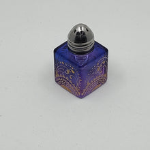 Load image into Gallery viewer, Mini Salt and Pepper shakers / perfume jars - Hand Stained & Painted . Blue fading to purple with intricate gold henna boho designs in gold
