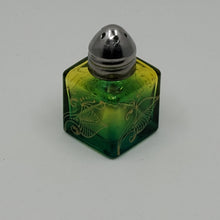 Load image into Gallery viewer, Mini Salt and Pepper shakers / perfume jars - Hand Stained & Painted . Yellow fading to green with intricate gold henna boho designs in gold
