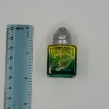 Load image into Gallery viewer, Mini Salt and Pepper shakers / perfume jars - Hand Stained & Painted . Yellow fading to green with intricate gold henna boho designs in gold