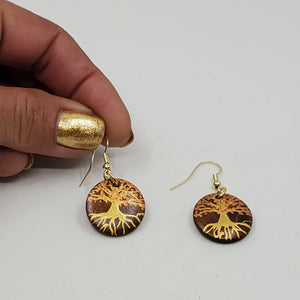 Tree of Life-  handpainted wood earrings gold on medium brown