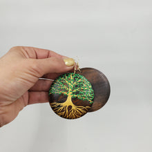 Load image into Gallery viewer, Tree of Life- gold and green (handpainted wooden earrings) on dark brown wood. Boho