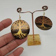 Load image into Gallery viewer, Tree of Life- handpainted wood earrings - Gold and coppery. Boho