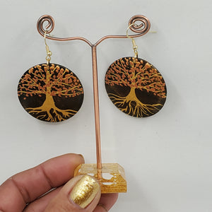 Tree of Life-  handpainted wood earrings - Gold and coppery. Boho