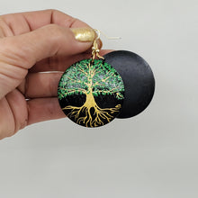 Load image into Gallery viewer, Tree of Life- handpainted wood earrings - Gold and green on black. Boho