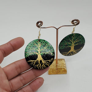 Tree of Life-  handpainted wood earrings - Gold and green on black. Boho