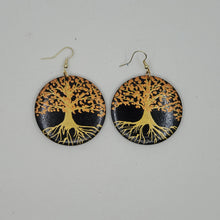 Load image into Gallery viewer, Tree of Life-  handpainted wood earrings - Gold and copper on black. Boho
