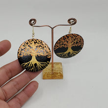 Load image into Gallery viewer, Tree of Life-  handpainted wood earrings - Gold and copper on black. Boho
