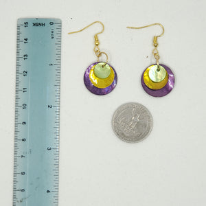 shell earring, circle- Purple, yellow/gold and light green